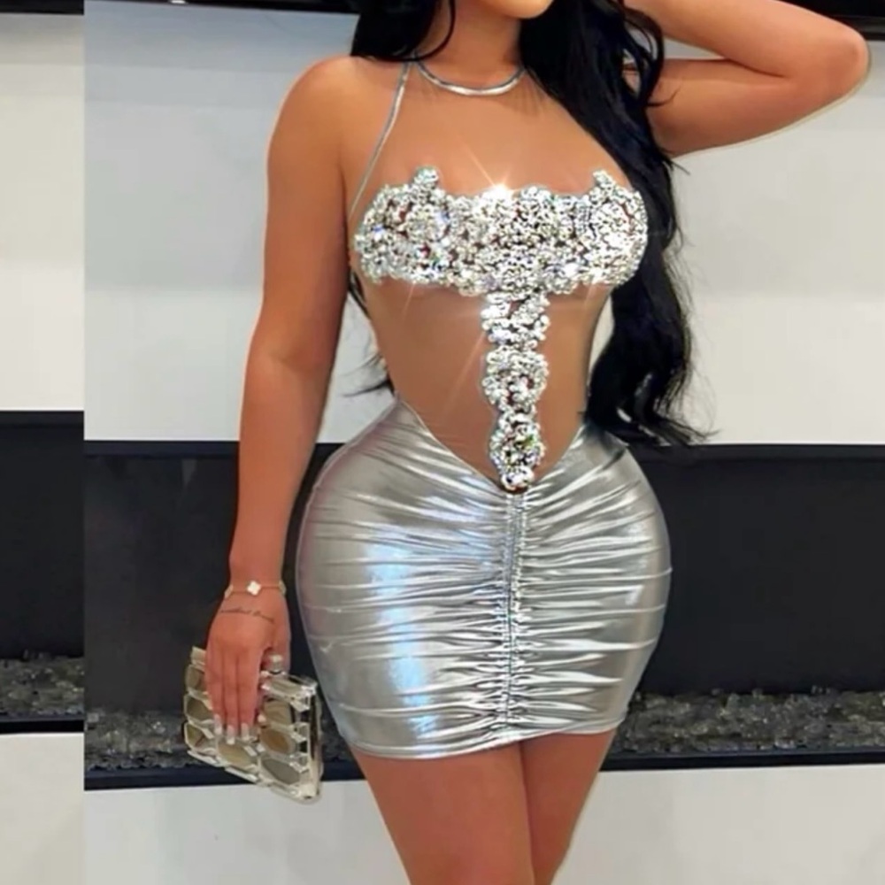 Silver Sequin Halter Dress